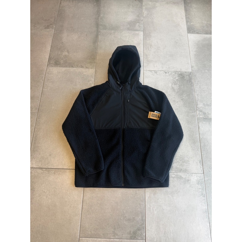 Eddie Bauer Mens Black Sherpa Hybrid Full Zip Hooded Fleece Jacket L E9010500